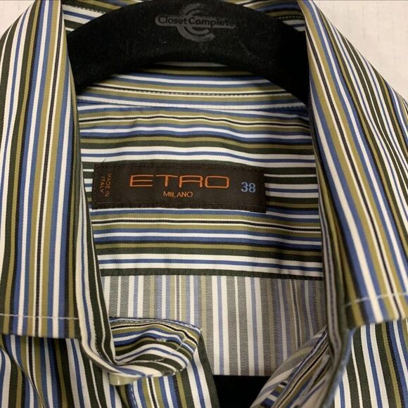 ETRO green blue striped dress shirt Sz 38 - Picture 3 of 5